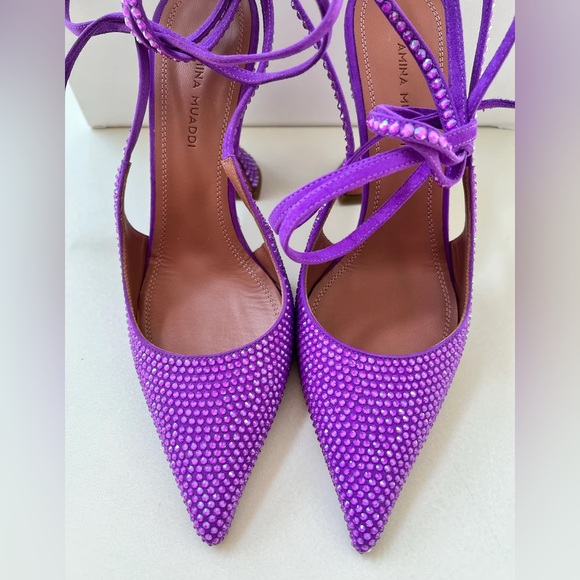 Amina Muaddi Karma Embellished Suede Crystal Embellished Lace Up Pumps Violet - Picture 4 of 9